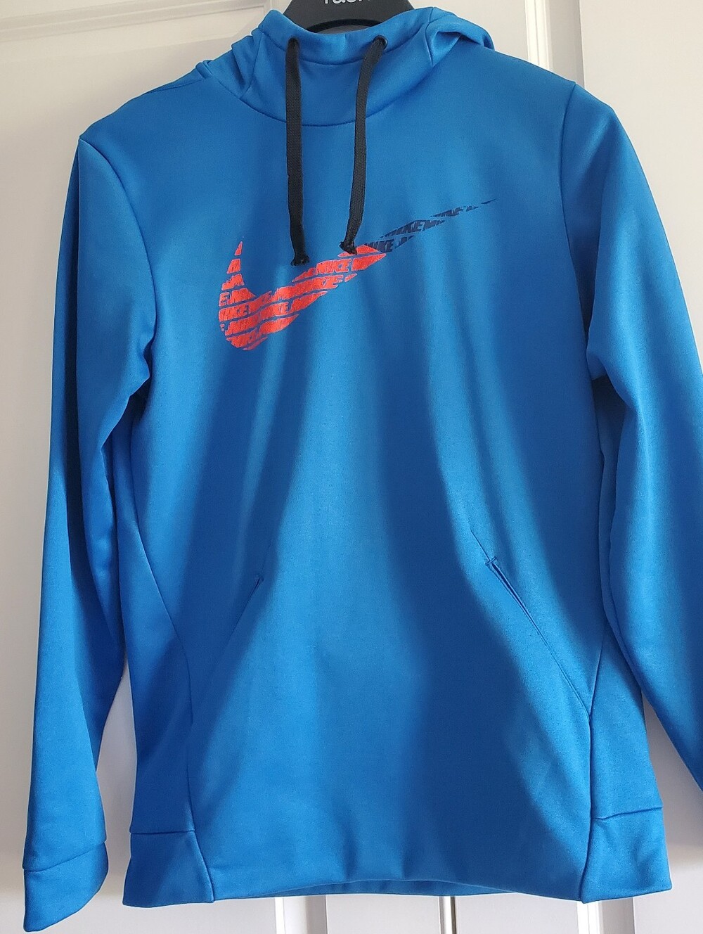 Nike Dri-Fit Men's Hoodie Bright Blue, Red Swoosh Logo Sweatshirt Small Sporty
